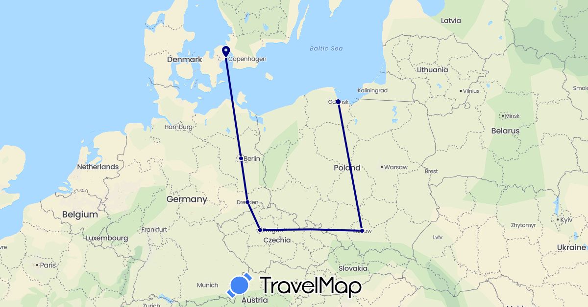 TravelMap itinerary: driving in Czech Republic, Germany, Denmark, Poland (Europe)